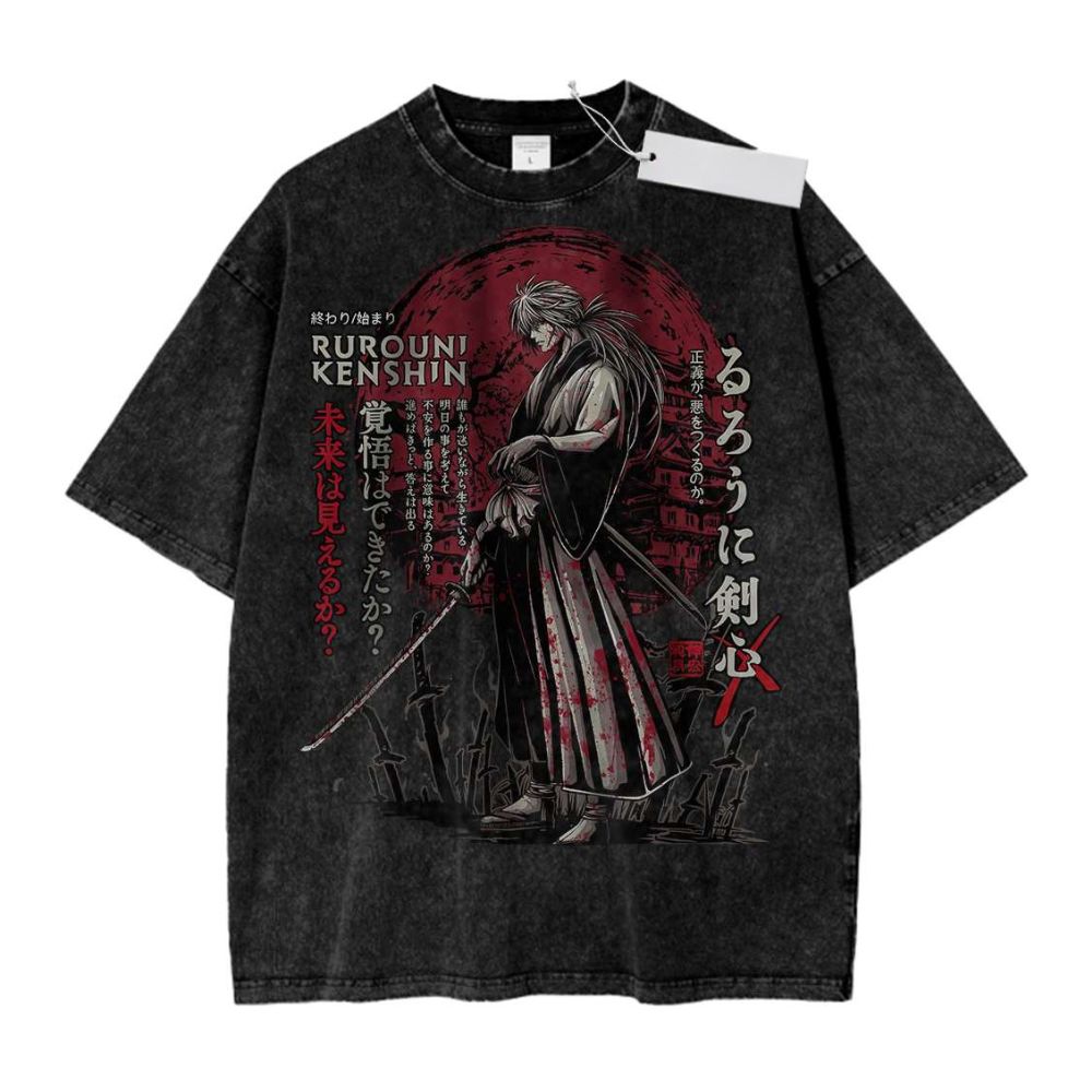 Hot Rurouni Kenshin Himura Samurai Mineral Wash T-Shirt - Image 2